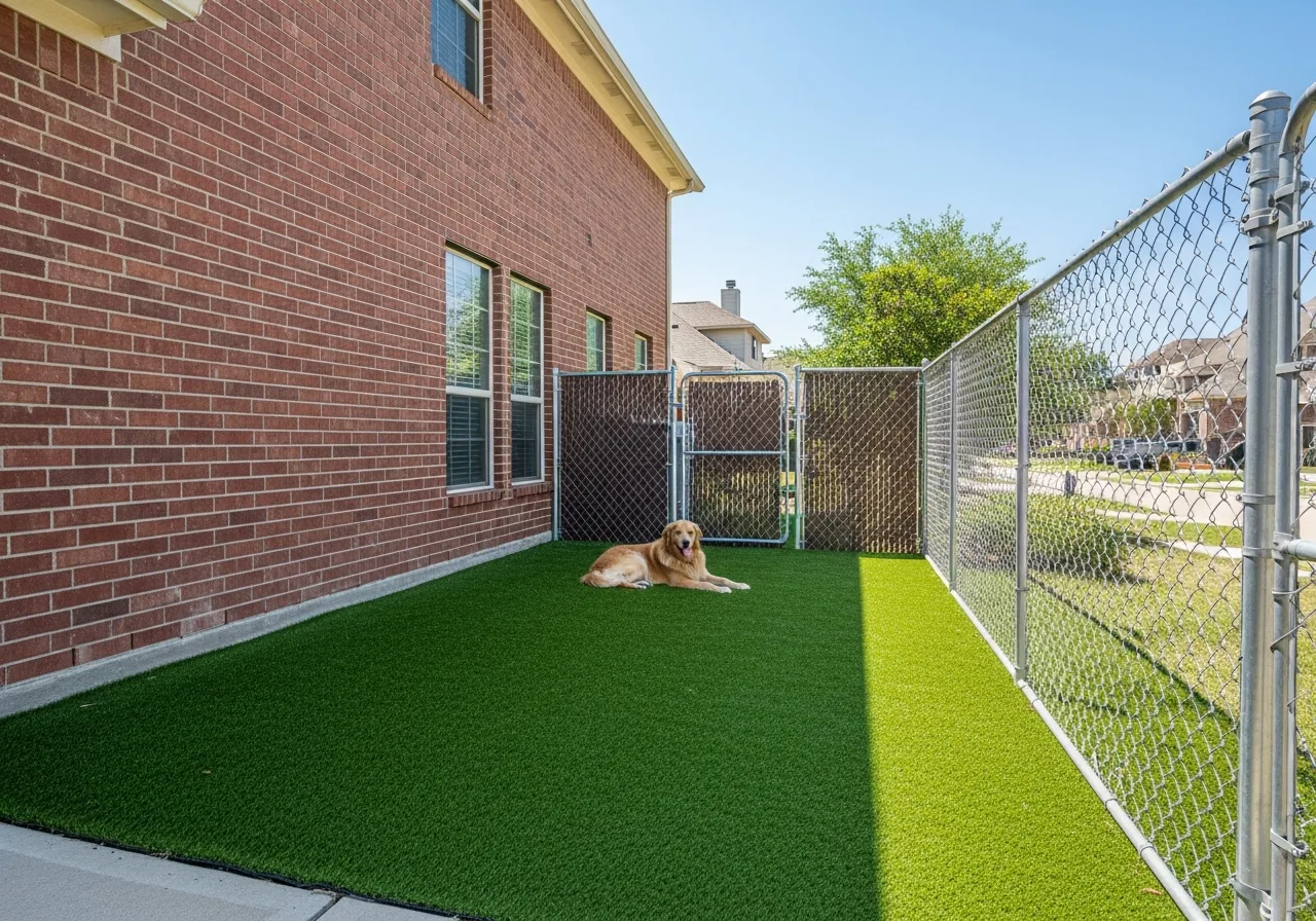 Well-maintained artificial turf in a residential dog run in Cedar Park, TX