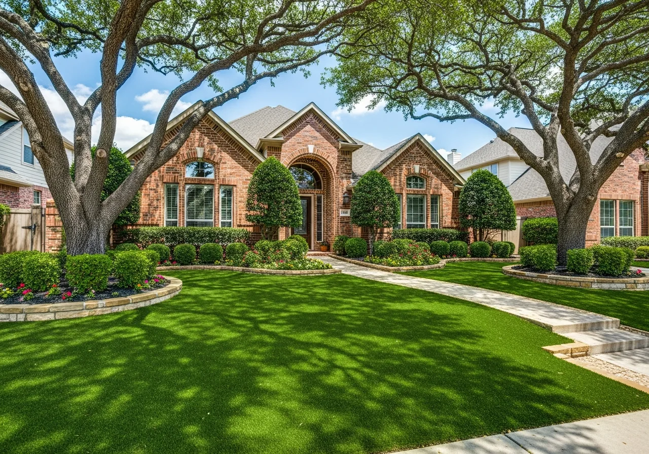 Beautiful artificial turf front lawn of a suburban home in Jarrell, TX