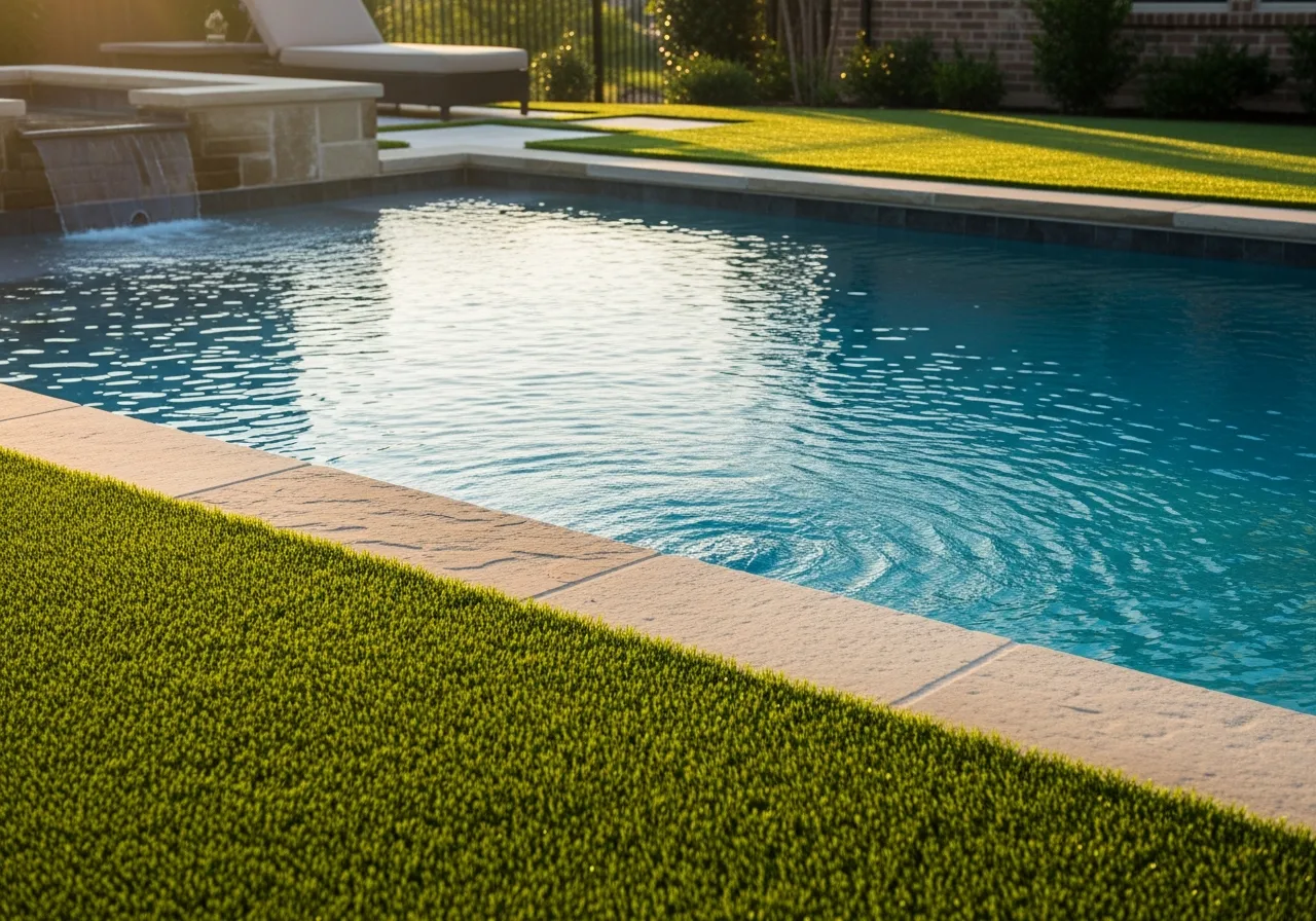 Immaculate artificial turf surrounding a backyard swimming pool in Lockhart, TX