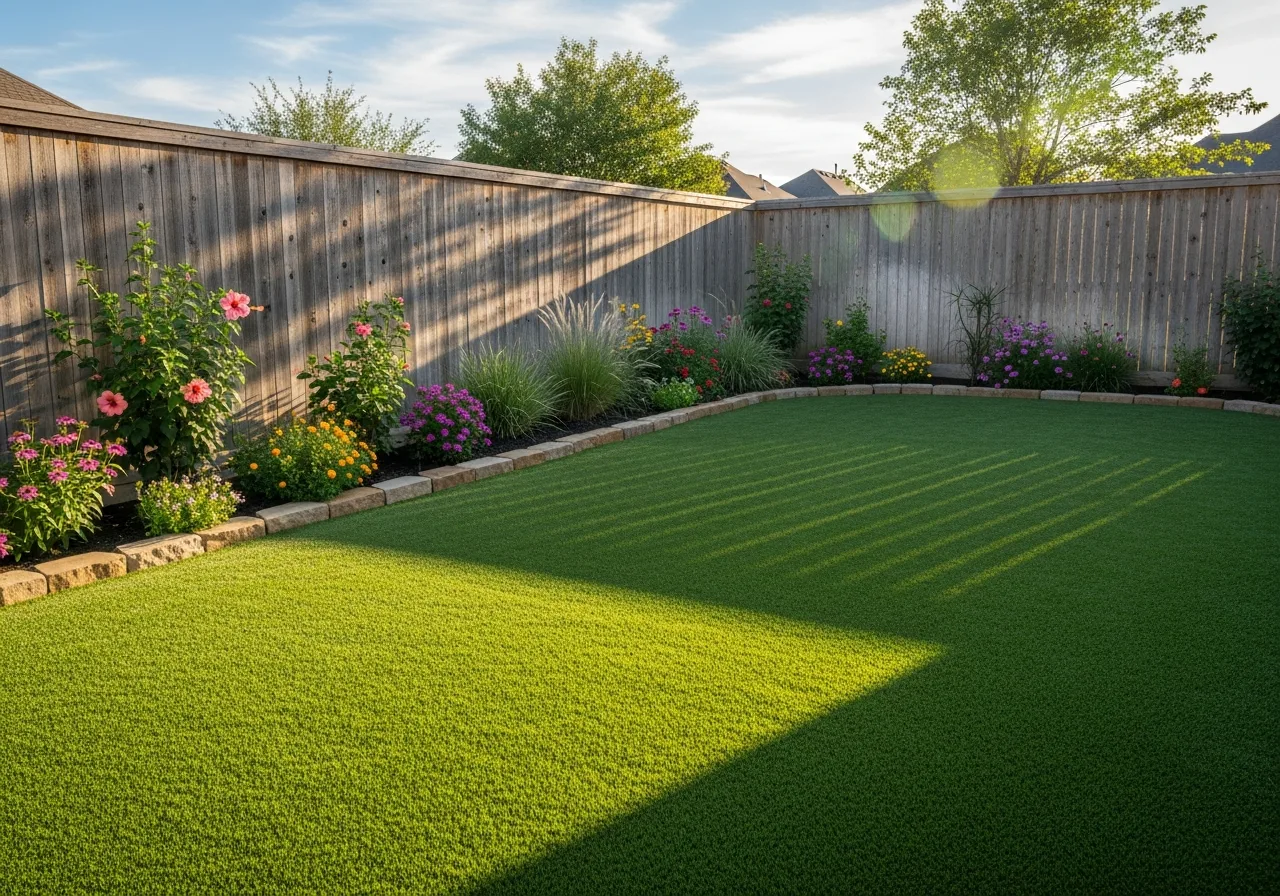 Pristine clean artificial turf in a residential backyard in Sunset Valley, TX