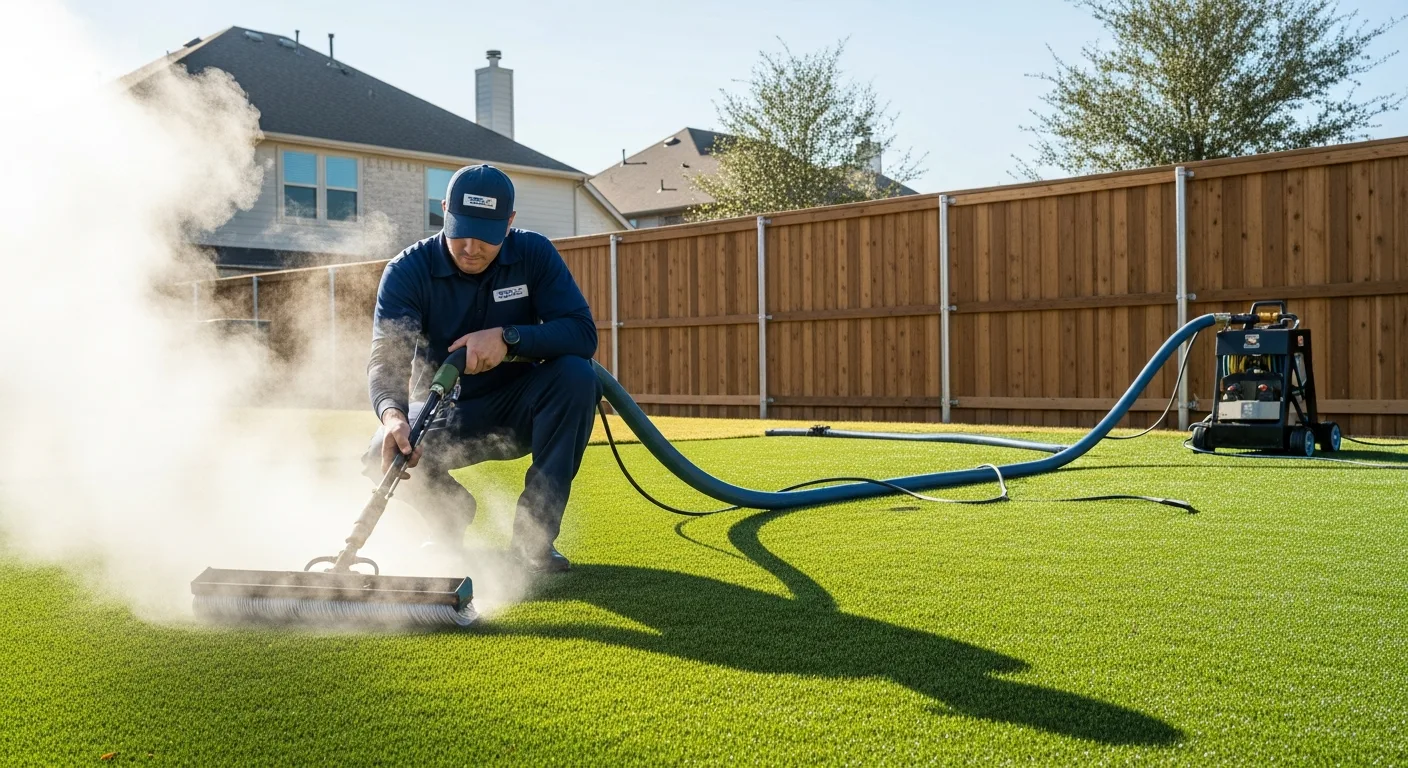 Professional technician operating commercial extraction equipment to deep clean and rebloom artificial turf in an Austin backyard