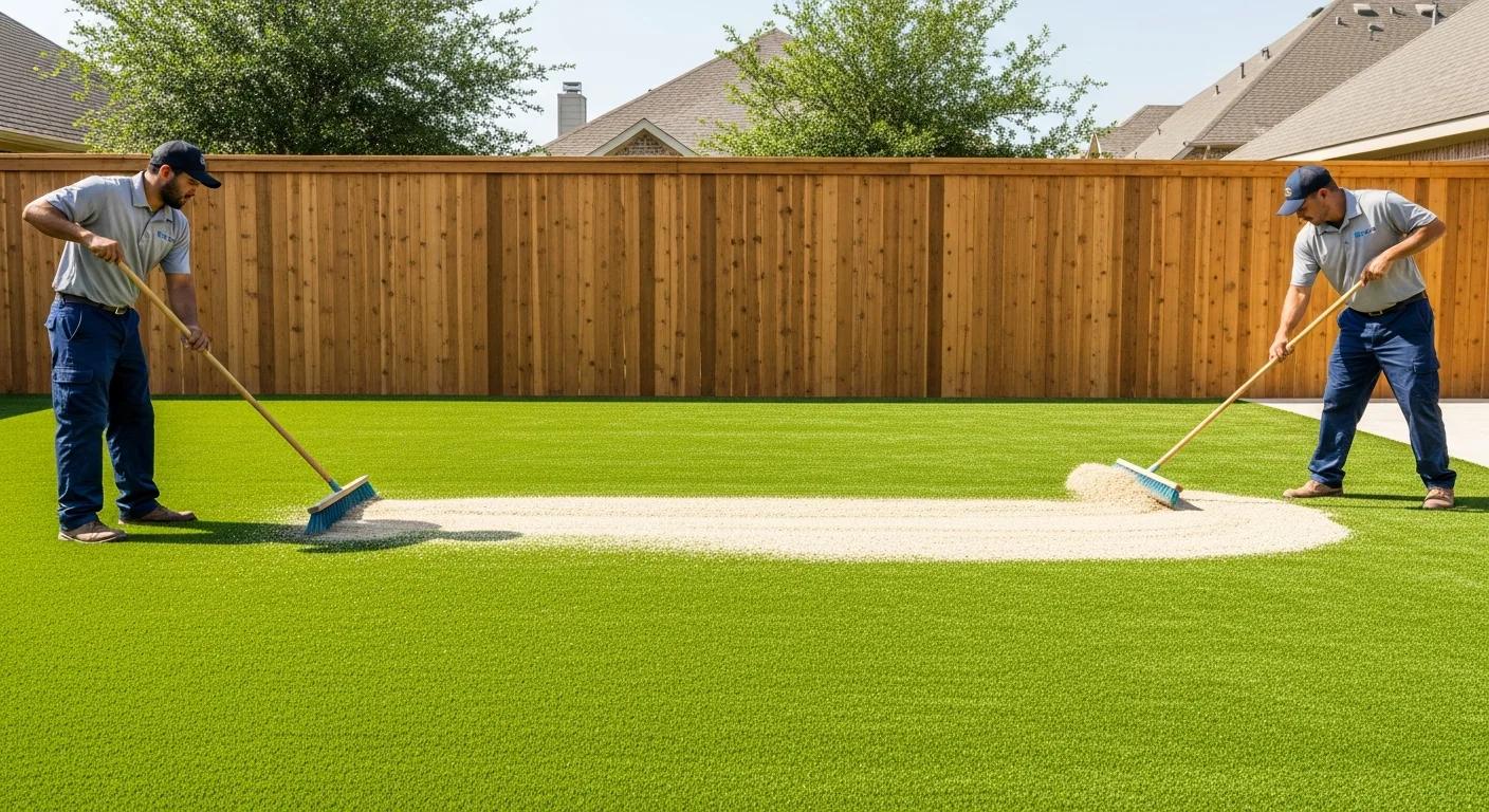 Worker spreading fresh silica sand infill material across artificial turf using a drop spreader