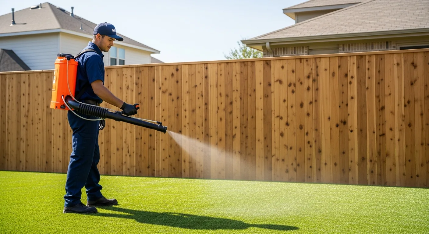 Technician applying enzyme treatment to artificial turf in a residential dog run to neutralize pet odors