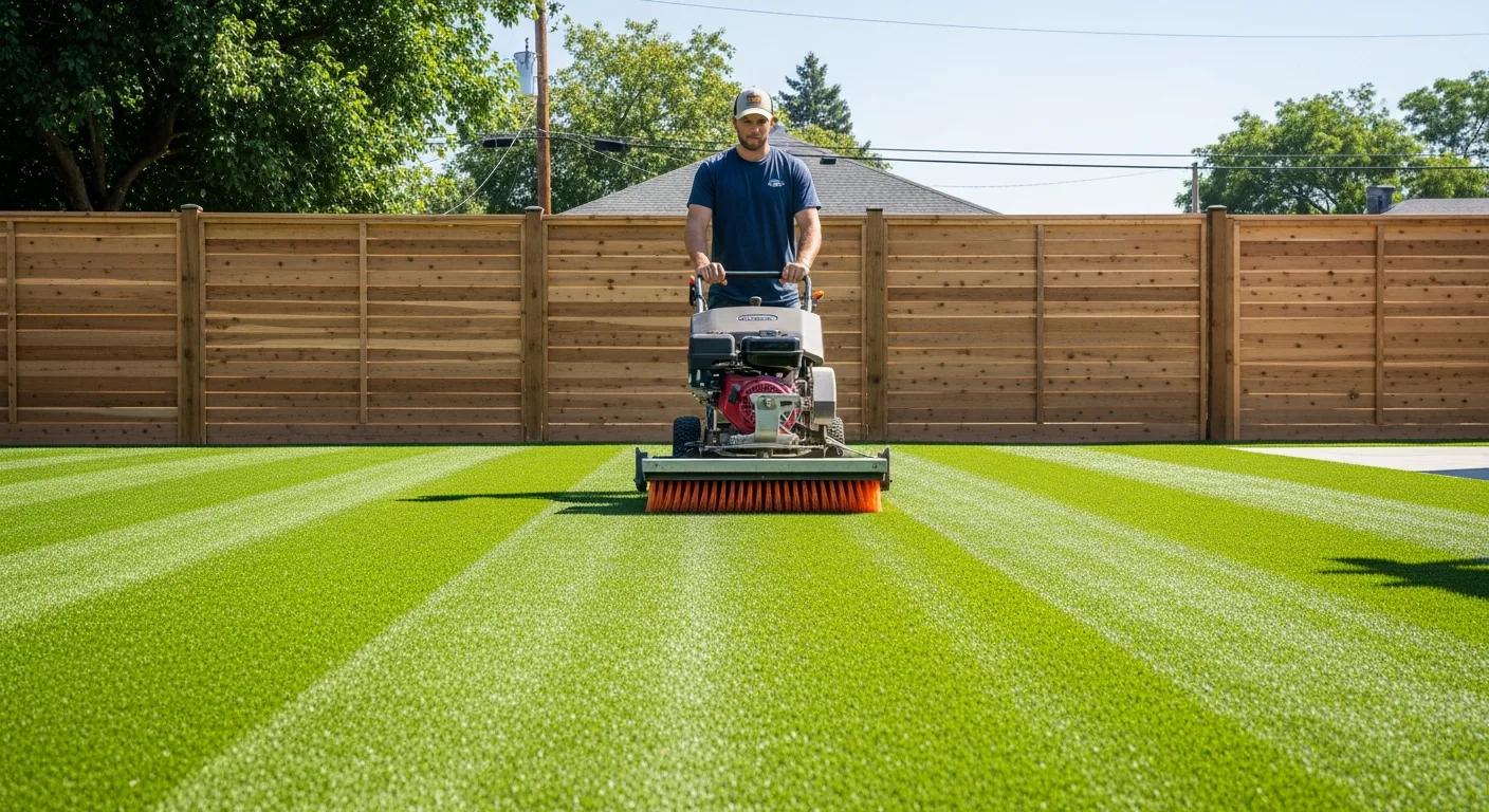 Technician repairing damaged artificial turf with color-matched patch and seam adhesive in an Austin backyard